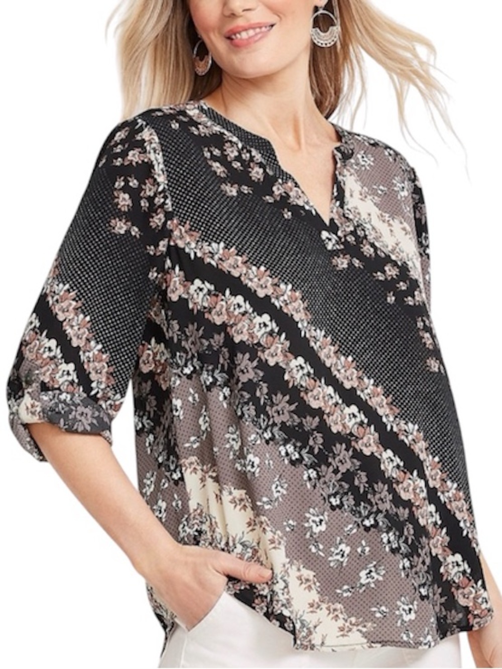 Maurices Atwood Floral Patchwork Popover Blouse 3/4 Sleeve Boho Top Medium